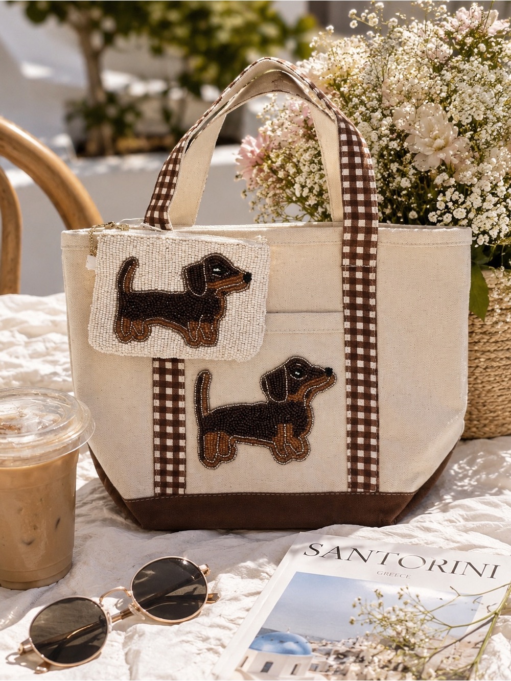 NWT Beaded Dachshund Canvas Tote Bag +Matching Beaded Coin Purse Gingham Handles